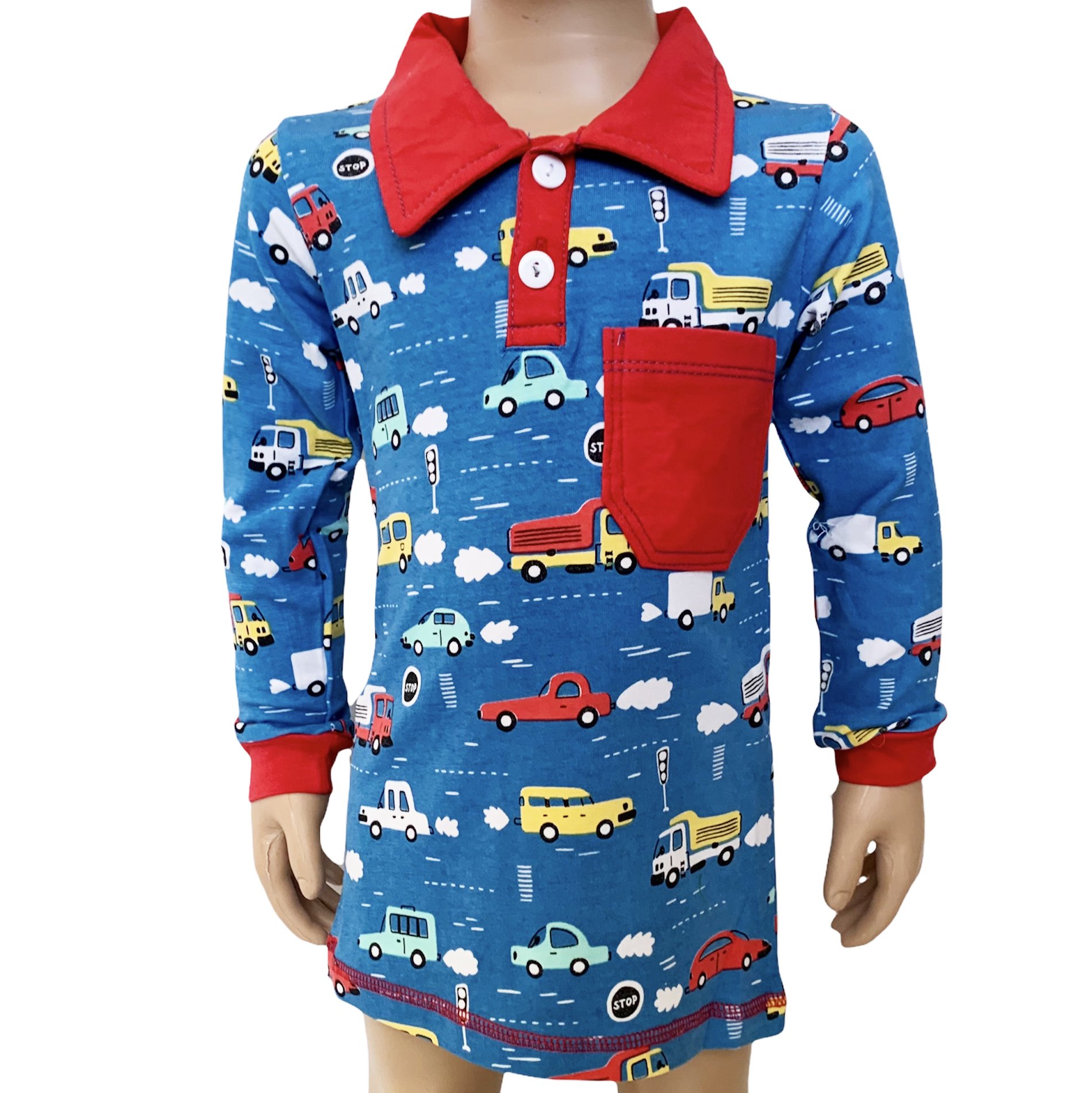 AnnLoren Toddler & Big Boys Long Sleeve Polo Shirt featuring a red collar, pocket, and colorful automobile print with cars, trucks, and buses.